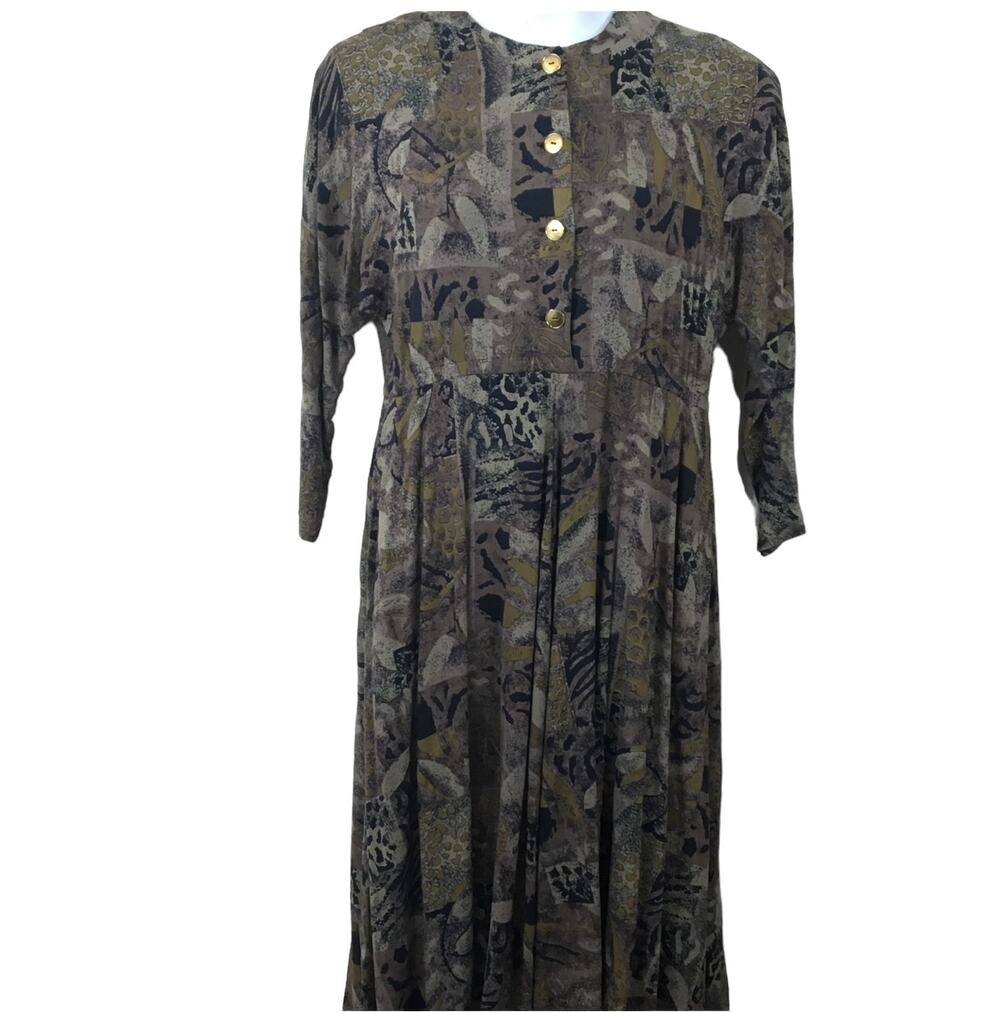 Handmade Dress SZ M 80s Secretary Chic Animal Print Abstract Brown Black Olive